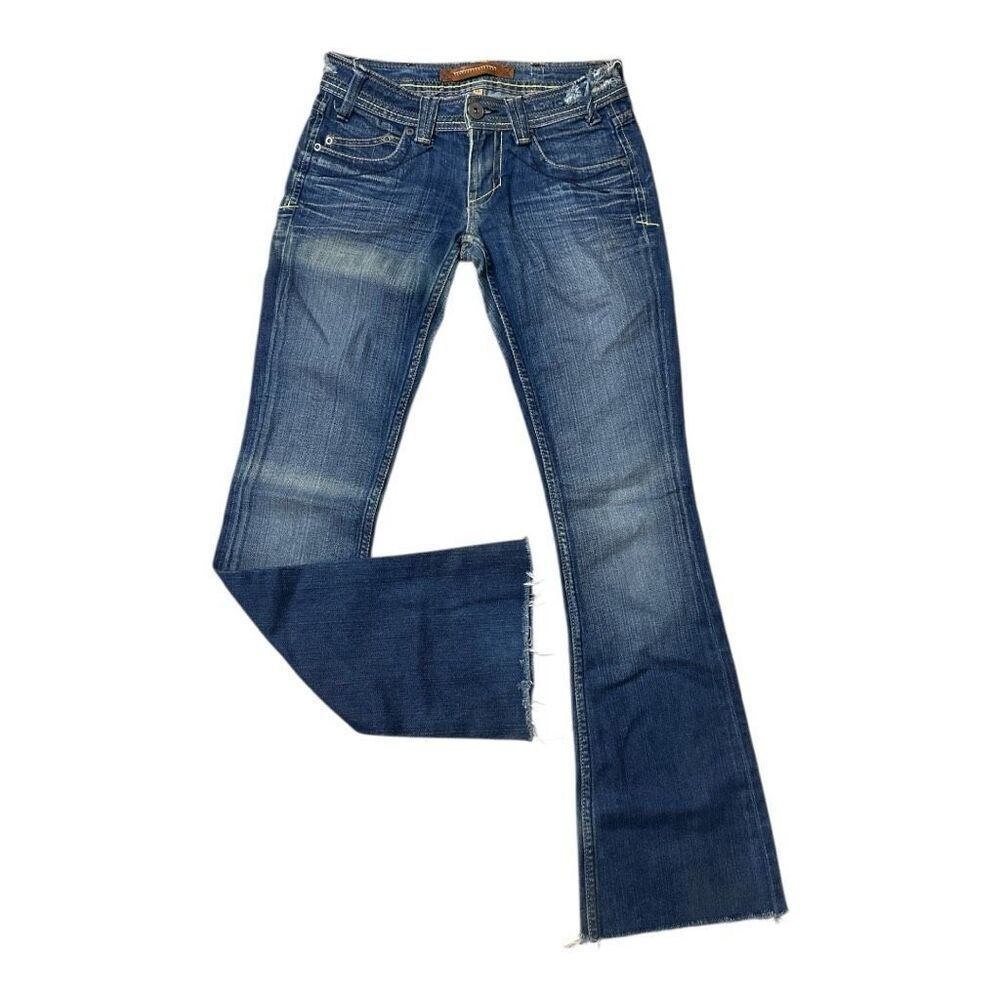 Yanuk Visionary Stitch Medium Wash Blue Jeans Size 25 Flare Boho Casual Raw-Hem
